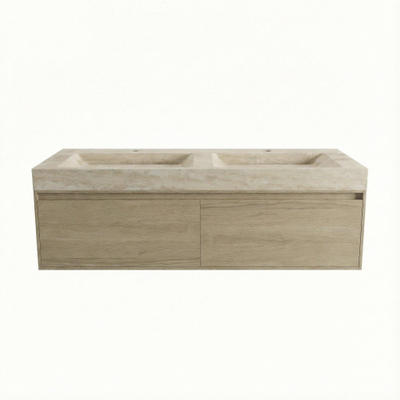 Forzalaqua Ibiza Badkamermeubelset - 140x50x50cm - 2 lades - travertin wastafel - 2 kraangaten - steunenset - afvoerplug - smoke