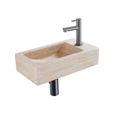 FugaFlow Eccelente Pietra Ensemble de fontaine - 40x22x10cm - trou de robinet à droite - robinet de fontaine brossé gunmetal PVD - bouchon de vidange - siphon abaissé - pierre naturelle marbrée