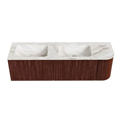 Mondiaz KURVE-DLUX Ensemble de meubles de salle de bains - 155x46x40cm - 2 tiroirs - 1 porte - lavabo solid surface - double / gauche - 2 trous de robinet - Ruby
