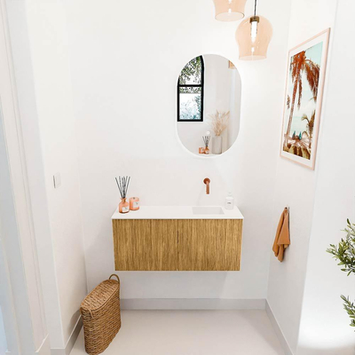 Mondiaz JOYA 90cm toiletmeubel - kleur Oak - Wastafel FAYE positie Rechts Zonder kraangat kleur Talc.