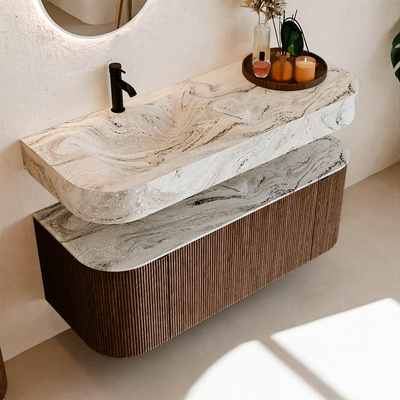 MONDIAZ THOR-DLUX 120cm badmeubel ronding links + rechts kleur Walnut met 1 lade en 2 deuren. Vrijhangende wastafel CLOUD Links 1 kraangat kleur Glace.