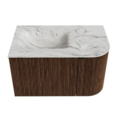 MONDIAZ KURVE-DLUX meuble de salle de bains 75cm avec module 25 R couleur noyer avec 1 tiroir et 1 porte. Vasque GRUNNE gauche sans trou de robinet couleur Glace.