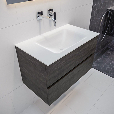 MONDIAZ VICA Ensemble de meuble salle de bain - 80cm - 2 tiroirs - lavabo Cloud au centre - 0 trous de robinet - solid surface marron foncé