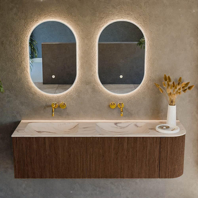 MONDIAZ KURVE-DLUX 155cm badmeubel ronding Rechts kleur Walnut met 2 lades en 1 deur. Wastafel LEAF Dubbel / Links zonder kraangat Nata.