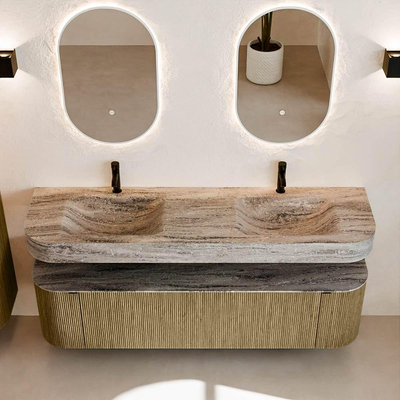 MONDIAZ THOR-DLUX 170cm meuble de salle de bains arrondi gauche + droite couleur Dusk avec 1 tiroir et 2 portes. Vasque suspendue CLOUD Double 2 trous de robinet couleur Oza.