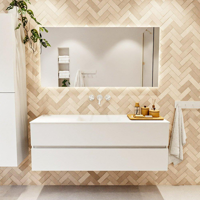 Mondiaz VICA ensemble de meuble de salle de bain - 140cm - meuble sous lavabo talc - 2 tiroirs - lavabo cloud milieu - sans trous de robinet - version haute de 60cm - talc