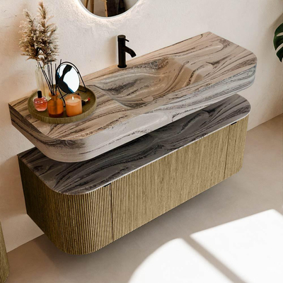 MONDIAZ THOR-DLUX 130cm meuble de salle de bains arrondi gauche + droite couleur Dusk avec 1 tiroir et 2 portes. Vasque suspendue CLOUD Milieu 1 trou de robinet couleur Sombra.