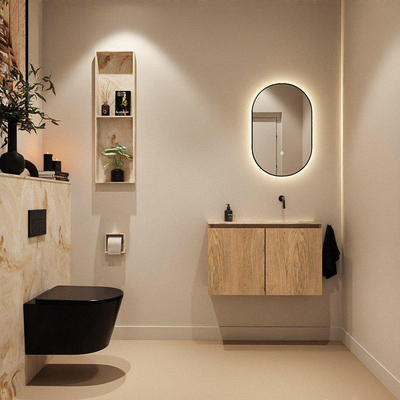 MONDIAZ TURE-DLUX Meuble toilette - 80cm - Washed Oak - EDEN - vasque Frappe - position droite - sans trou de robinet