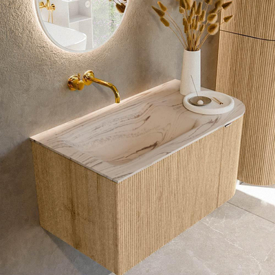 MONDIAZ KURVE-DLUX 85cm badmeubel ronding Rechts kleur Oak met 1 lade en 1 deur. Wastafel CLOUD Links zonder kraangat Nata.