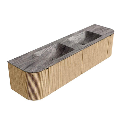 MONDIAZ KURVE-DLUX Meuble de salle de bains 180cm arrondi Gauche + Droite couleur Chêne avec 2 tiroirs et 2 portes. Lavabo LEAF Double 2 trous de robinet Oza.