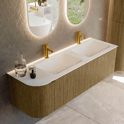 Mondiaz KURVE Ensemble de meubles de salle de bains - 145x46x40cm - 1 tiroir - 1 porte - lavabo solid surface - double / droit - 2 trous de robinet - Dusk