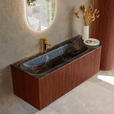 Mondiaz KURVE-DLUX Badkamermeubelset - 125x46x40cm - 1 lade - 1 deur - wastafel solid surface - links - 1 kraangat - Ruby