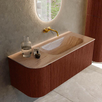 MONDIAZ KURVE-DLUX Meuble de salle de bains 115cm arrondi à gauche couleur Ruby avec 1 tiroir et 1 porte. Vasque BIG SMALL à droite sans trou de robinet Saba.