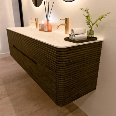 Mondiaz CIRO-DLUX Badkamermeubelset - 170x45x50cm - Solid surface wastafel Opalo - 2 wasbak Dubbel - 2 kraangaten - 4 lades - Shadow