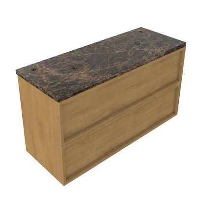 Saniclass Holz Frame Ensemble de meuble de salle de bains - 120x45x63cm - Plan de travail en pierre naturelle Noche dark emperador - 2 trous de robinet - 2 tiroirs - chêne natural mat (bois)