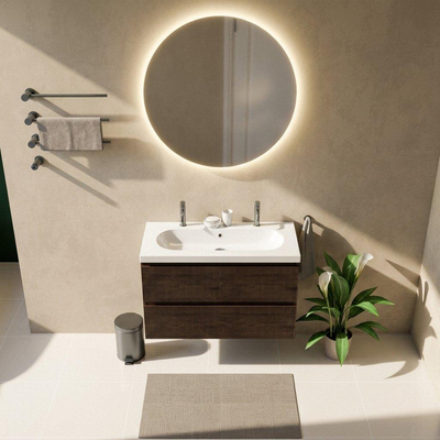 Saniclass Holz Atelier Ensemble meuble de salle de bains - 100x45x63.5cm - lavabo en céramique Palermo blanc - 1 vasque - 2 trous de robinetterie - 2 tiroirs - chêne charcoal mat (bois)