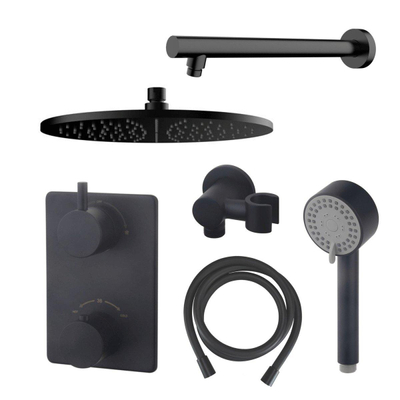 Wiesbaden Caral inbouw regendoucheset – thermostatisch – Ø30 cm hoofddouche – wandarm – 3-standen handdouche – mat zwart