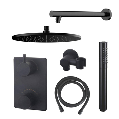 Wiesbaden Caral ensemble de douche pluie encastré – thermostatique – douche de tête Ø 30 cm – bras mural – douchette bâton – noir mat