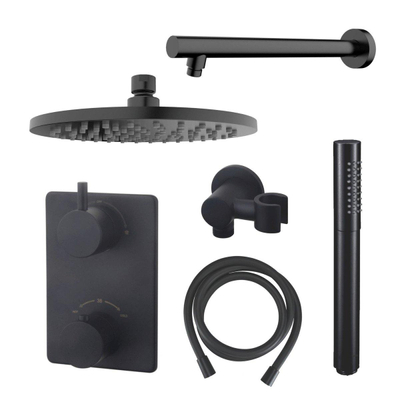 Wiesbaden Caral inbouw regendoucheset – thermostatisch – Ø20 cm hoofddouche – wandarm – staafhanddouche – mat zwart