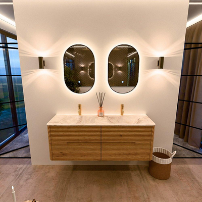 Mondiaz CIRO-DLUX Meuble de salle de bains ensemble - 140x45x50cm - Plan vasque solid surface Frappe - 2 vasques double - 2 trous de robinet - 4 tiroirs - Chêne