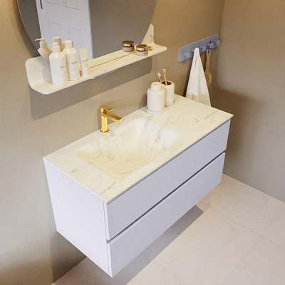 Mondiaz VICA-DLUX ensemble de meuble de salle de bain - 100cm - meuble sous lavabo cale - 2 tiroirs - lavabo encastré cloud gauche - 1 trou de robinet - version haute de 60cm - opalo