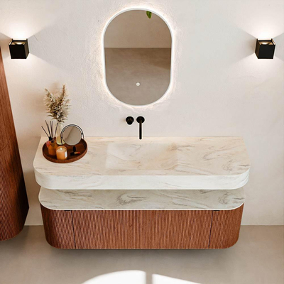 MONDIAZ THOR-DLUX 150cm meuble de salle de bains arrondi gauche + droite couleur Ruby avec 1 tiroir et 2 portes. Vasque suspendue CLOUD Milieu sans trou de robinet couleur Ostra.