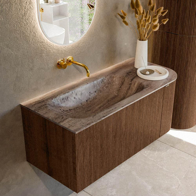 MONDIAZ KURVE-DLUX meuble de salle de bains 105cm arrondi à droite couleur Walnut avec 1 tiroir et 1 porte. Lavabo BIG SMALL à gauche sans trou de robinet Oza.