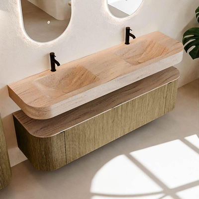 MONDIAZ THOR-DLUX Meuble de salle de bains 170cm arrondi gauche + droite couleur Dusk avec 1 tiroir et 2 portes. Vasque suspendue CLOUD Double 2 trous de robinet couleur Saba.