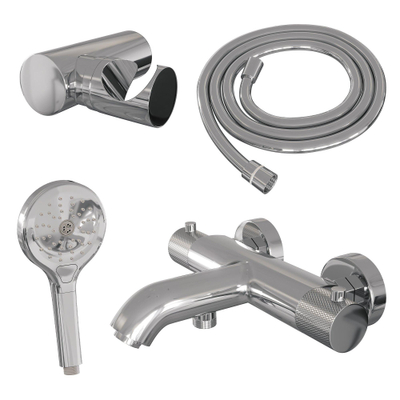 Brauer Chrome Carving Robinet baignoire - avec set douchette - douchette ronde 3 jets - bouton carving - chrome