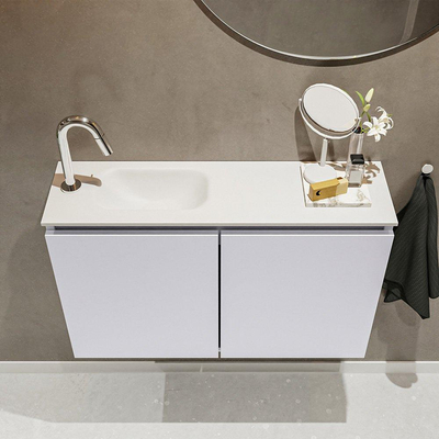 MONDIAZ TURE Toiletmeubel 80x23x50cm met 1 kraangaten 2 deuren cale mat Wastafel Eden links Solid Surface Wit