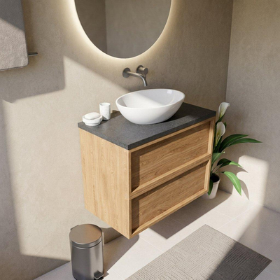 Saniclass Holz Frame Ensemble meuble de salle de bains - 80x45x63cm - Plan vasque en basalte Noche poli (noir) - sans trou de robinet - 2 tiroirs - chêne natural mat (bois)