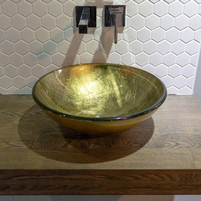 Saniclass Pesca Limone Waskom - 42x14,5cm - rond - gehard glas - goud groen OUTLETSTORE