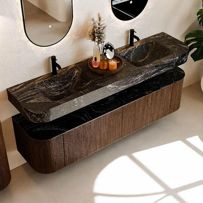 MONDIAZ THOR-DLUX Meuble de salle de bains 180cm arrondi gauche + droite couleur Walnut avec 2 tiroirs et 2 portes. Vasque suspendue CLOUD Double 2 trous de robinet couleur Lava.