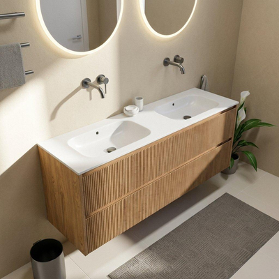 Saniclass Holz Atelier Ensemble meuble de salle de bains - 160x45x61.5cm - lavabo Flow en Solid Surface blanc - 2 vasques - sans trous de robinetterie - 4 tiroirs - chêne natural mat (bois)