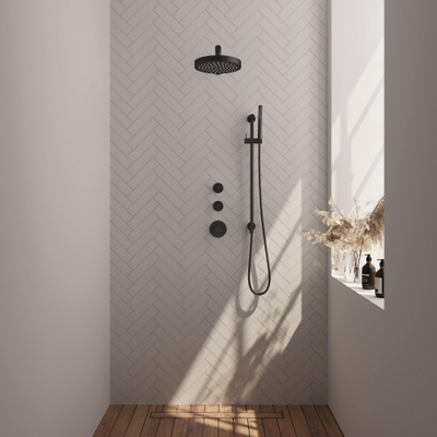 BRAUER Stripe Thermostatische Inbouw Regendouche - SET 07 - 25cm douchekop - rechte muurarm - staaf handdouche - doucheslang - geïntegreerde glijstang - mat zwart