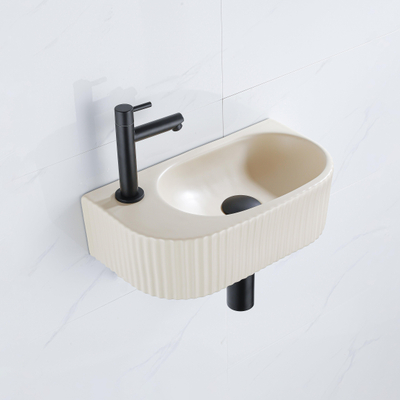 QeramiQ Fuente Ensemble de lavabo - 40x21.5x12cm - gauche - nervuré - demi-rond - 1 trou de robinet - céramique - robinet de lavabo noir mat - bonde - siphon abaissé - beige