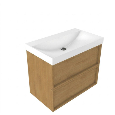 Saniclass Holz Frame Ensemble meuble de salle de bains - 80x45x67.5cm - lavabo Wave en céramique - 1 vasque - sans trou de robinetterie - 2 tiroirs - chêne natural mat (bois)