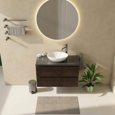 Saniclass Holz Atelier Ensemble meuble de salle de bains - 100x45x63cm - Plan vasque en basalte Noche poli (noir) - 1 trou de robinet - 2 tiroirs - chêne charcoal mat (bois)