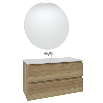 Saniclass Chaci Ensemble meuble de salle de bains - 100x46x55cm - vasque en céramique blanche - 1 vasque - sans trous de robinetterie - 2 tiroirs - miroir rond avec éclairage - chêne
