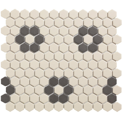 The Mosaic Factory London Carrelage hexagonal 2.3x2.3x0.6cm pour le sol pour l'intérieur et l'extérieur résistant au gel porcelaine non verni 4 fleurs par pièce Blanc/noir