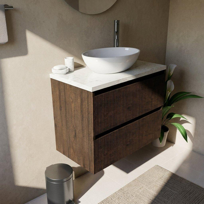 Saniclass Holz Atelier Ensemble meuble de salle de bains - 80x45x63cm - Plan vasque en marbre Dia poli (blanc) - 1 trou de robinet - 2 tiroirs - chêne charcoal mat (bois)