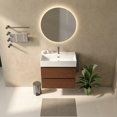 Saniclass Holz Pure Ensemble meuble de salle de bains - 80x45x72cm - Legend lavabo en céramique blanc - 1 vasque - 1 trou de robinet - 2 tiroirs - noyer pure mat (bois)