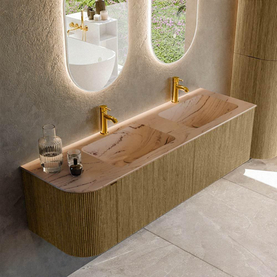 MONDIAZ KURVE-DLUX Meuble de salle de bains 155cm arrondi à gauche couleur Dusk avec 2 tiroirs et 1 porte. Lavabo LEAF Double / Droite 2 trous de robinet Arena.