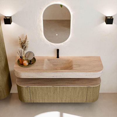 MONDIAZ THOR-DLUX 150cm meuble de salle de bains arrondi gauche + droite couleur Dusk avec 1 tiroir et 2 portes. Vasque suspendue CLOUD Milieu 1 trou de robinet couleur Saba.