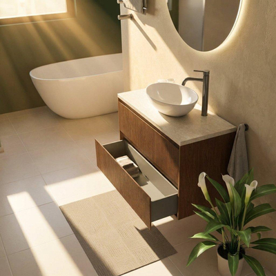 Saniclass Holz Atelier Ensemble meuble de salle de bains - 100x45x63cm - Plan en pierre naturelle travertin - 1 trou de robinet - 2 tiroirs - walnut pure mat (bois)