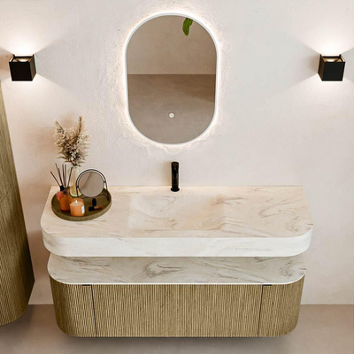 MONDIAZ THOR-DLUX 140cm meuble de salle de bains arrondi gauche + droite couleur Dusk avec 1 tiroir et 2 portes. Vasque suspendue CLOUD Milieu 1 trou de robinet couleur Ostra.