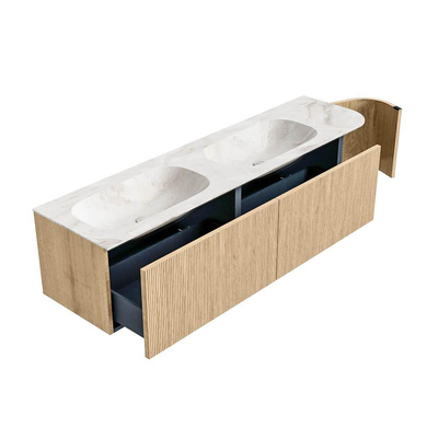 MONDIAZ KURVE-DLUX Meuble de salle de bains 175 cm avec module 25 R couleur Chêne avec 2 tiroirs et 1 porte. Plan-vasque STOR SMALL double / à gauche sans trou de robinet couleur Frappe.