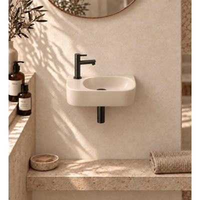 QeramiQ Fuente fonteinset – halfrond – 40x21.5x12 cm – keramiek beige – kraangat links – mat zwarte kraan