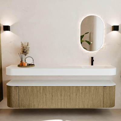 MONDIAZ THOR Meuble de salle de bains - 200cm - arrondi gauche + droite - couleur Dusk - 2 tiroirs - 2 portes - Vasque suspendue CLOUD droite 1 trou de robinet - couleur Talc