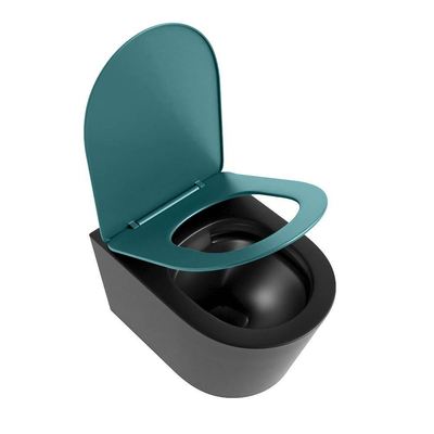 Mondiaz LAVIE hangtoilet – spoelrandloos – 36 x 53 cm – met softclose zitting – Urban (zwart), zitting Smag (groen)